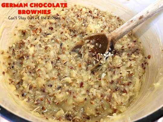 German Chocolate Brownies | Can't Stay Out of the Kitchen | these sensational #brownies have a thick, dense, fudgy #chocolate layer topped with #coconut #pecan icing. These are seriously addictive! #dessert