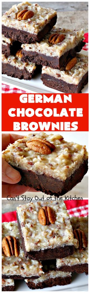 German Chocolate Brownies | Can't Stay Out of the Kitchen | these sensational #brownies have a thick, dense, fudgy #chocolate layer topped with #coconut #pecan icing. These are seriously addictive! #dessert