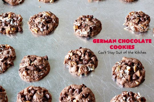 German Chocolate Cookies | Can't Stay Out of the Kitchen | these luscious #cookies use only 6 ingredients since they start with a #CakeMix. If you enjoy #GermanChocolateCake this #dessert is for you! #coconut #pecans #chocolate #GermanChocolateCookies #ChocolateChips #tailgating #holiday #ChristmasCookieExchange #HolidayBaking