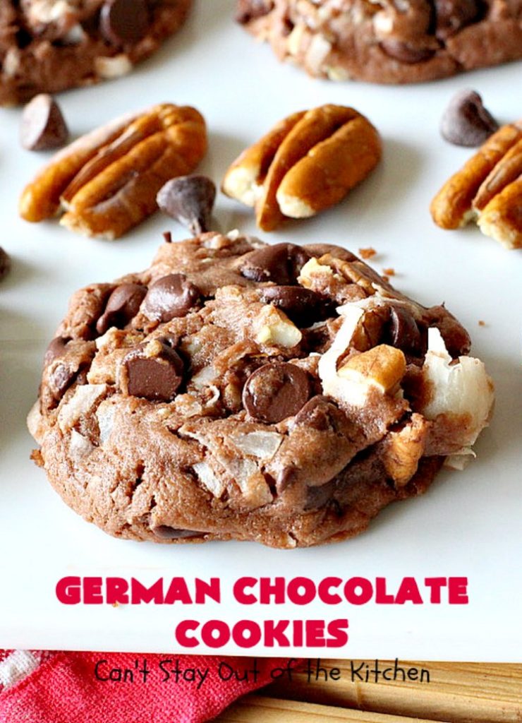 German Chocolate Cookies | Can't Stay Out of the Kitchen | these luscious #cookies use only 6 ingredients since they start with a #CakeMix. If you enjoy #GermanChocolateCake this #dessert is for you! #coconut #pecans #chocolate #GermanChocolateCookies #ChocolateChips #tailgating #holiday #ChristmasCookieExchange #HolidayBaking