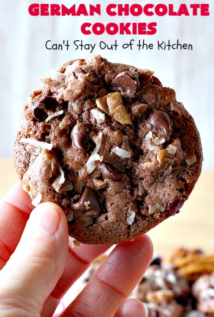 German Chocolate Cookies | Can't Stay Out of the Kitchen | these luscious #cookies use only 6 ingredients since they start with a #CakeMix. If you enjoy #GermanChocolateCake this #dessert is for you! #coconut #pecans #chocolate #GermanChocolateCookies #ChocolateChips #tailgating #holiday #ChristmasCookieExchange #HolidayBaking