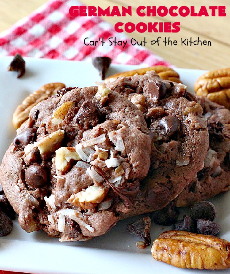 German Chocolate Cookies | Can't Stay Out of the Kitchen | these luscious #cookies use only 6 ingredients since they start with a #CakeMix. If you enjoy #GermanChocolateCake this #dessert is for you! #coconut #pecans #chocolate #GermanChocolateCookies #ChocolateChips #tailgating #holiday #ChristmasCookieExchange #HolidayBaking