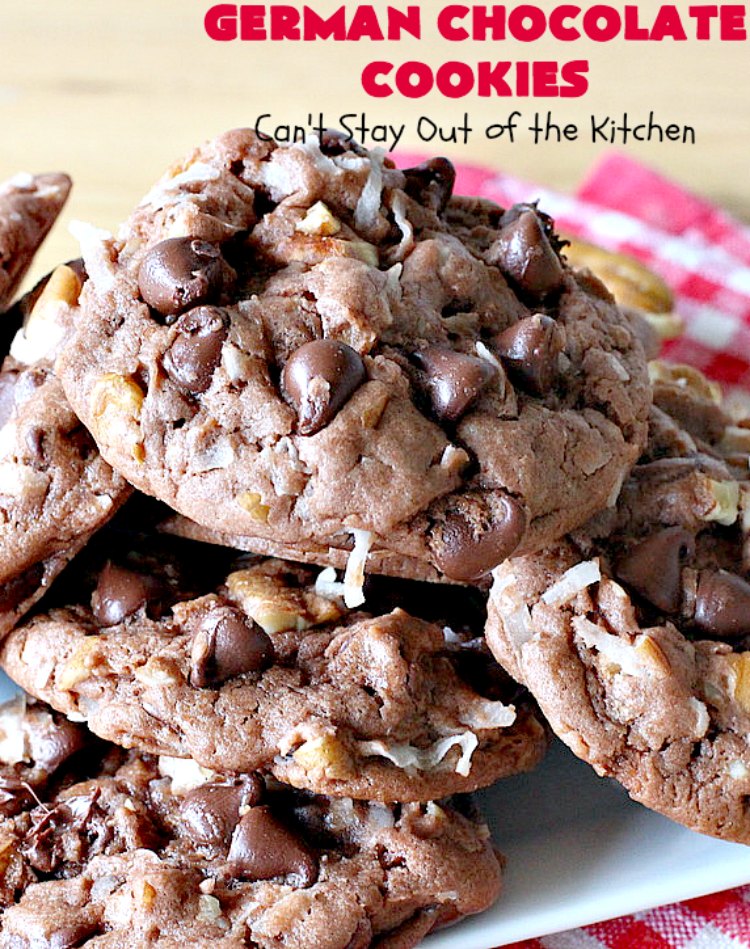 German Chocolate Cookies | Can't Stay Out of the Kitchen | these luscious #cookies use only 6 ingredients since they start with a #CakeMix. If you enjoy #GermanChocolateCake this #dessert is for you! #coconut #pecans #chocolate #GermanChocolateCookies #ChocolateChips #tailgating #holiday #ChristmasCookieExchange #HolidayBaking