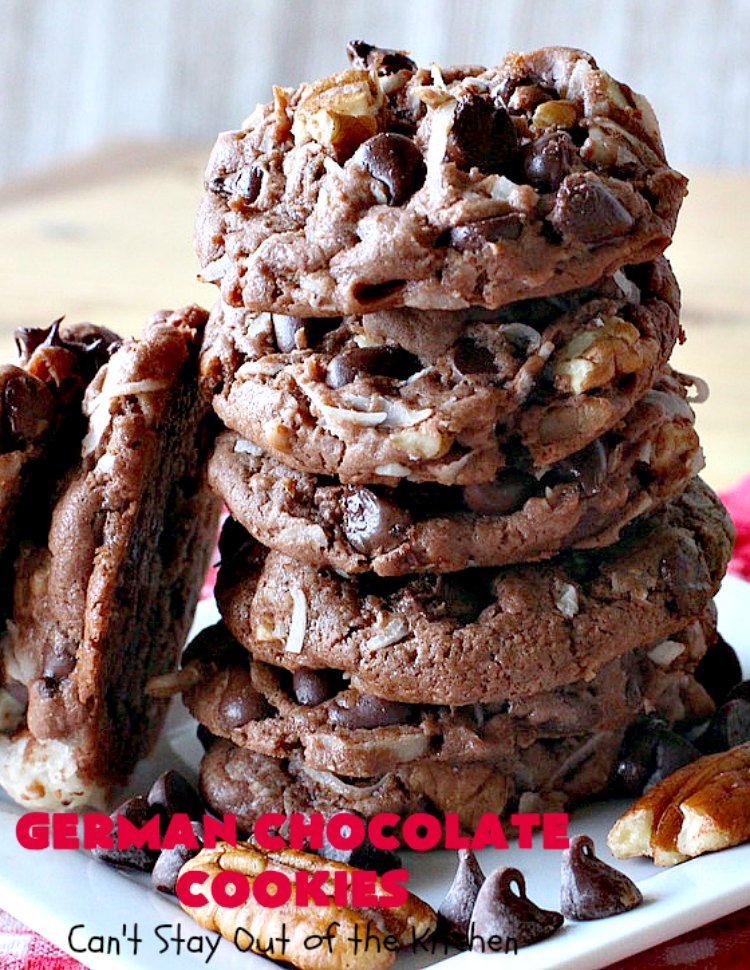 German Chocolate Cookies | Can't Stay Out of the Kitchen | these luscious #cookies use only 6 ingredients since they start with a #CakeMix. If you enjoy #GermanChocolateCake this #dessert is for you! #coconut #pecans #chocolate #GermanChocolateCookies #ChocolateChips #tailgating #holiday #ChristmasCookieExchange #HolidayBaking