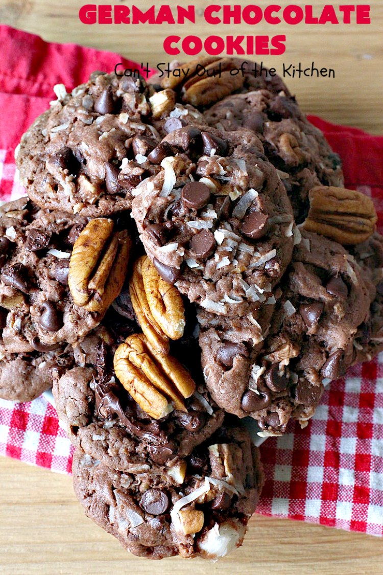 German Chocolate Cookies | Can't Stay Out of the Kitchen | these luscious #cookies use only 6 ingredients since they start with a #CakeMix. If you enjoy #GermanChocolateCake this #dessert is for you! #coconut #pecans #chocolate #GermanChocolateCookies #ChocolateChips #tailgating #holiday #ChristmasCookieExchange #HolidayBaking