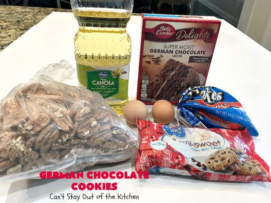 German Chocolate Cookies | Can't Stay Out of the Kitchen | these luscious #cookies use only 6 ingredients since they start with a #CakeMix. If you enjoy #GermanChocolateCake this #dessert is for you! #coconut #pecans #chocolate #GermanChocolateCookies #ChocolateChips #tailgating #holiday #ChristmasCookieExchange #HolidayBaking