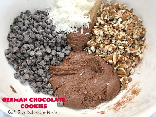 German Chocolate Cookies | Can't Stay Out of the Kitchen | these luscious #cookies use only 6 ingredients since they start with a #CakeMix. If you enjoy #GermanChocolateCake this #dessert is for you! #coconut #pecans #chocolate #GermanChocolateCookies #ChocolateChips #tailgating #holiday #ChristmasCookieExchange #HolidayBaking