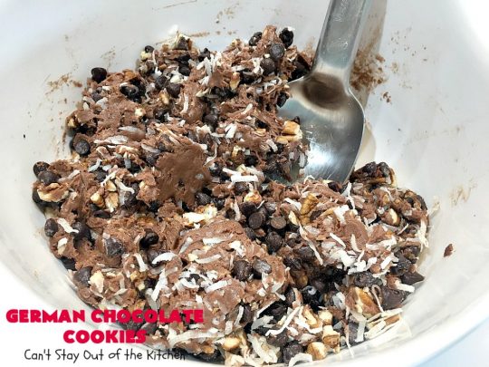 German Chocolate Cookies | Can't Stay Out of the Kitchen | these luscious #cookies use only 6 ingredients since they start with a #CakeMix. If you enjoy #GermanChocolateCake this #dessert is for you! #coconut #pecans #chocolate #GermanChocolateCookies #ChocolateChips #tailgating #holiday #ChristmasCookieExchange #HolidayBaking