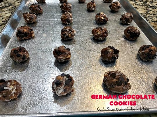 German Chocolate Cookies | Can't Stay Out of the Kitchen | these luscious #cookies use only 6 ingredients since they start with a #CakeMix. If you enjoy #GermanChocolateCake this #dessert is for you! #coconut #pecans #chocolate #GermanChocolateCookies #ChocolateChips #tailgating #holiday #ChristmasCookieExchange #HolidayBaking