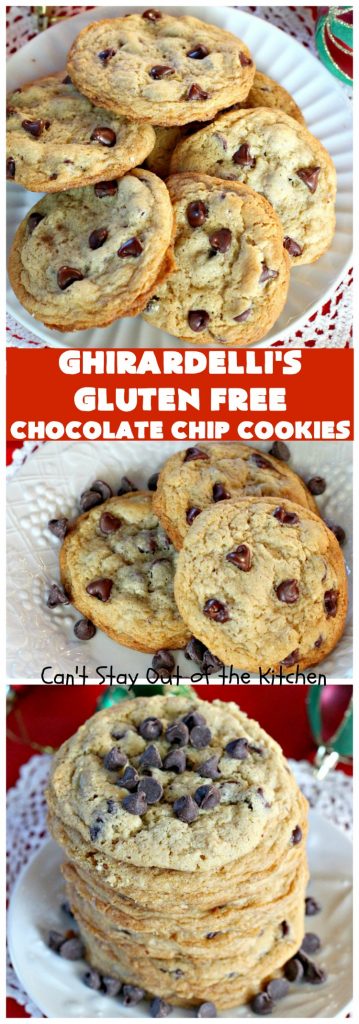 Ghirardelli's Gluten Free Chocolate Chip Cookies | Can't Stay Out of the Kitchen | these fabulous #ChocolateChipCookies are made with #GlutenFree flour & #GhirardellisChocolateChips. Mouthwatering & scrumptious treat for #holiday #baking. #ChristmasCookieExchange #Chocolate #ChocolateChips #GlutenFreeDessert #ChocolateDessert #GhirardellisGlutenFreeChocolateChipCookies #HolidayDessert #Ghirardellis