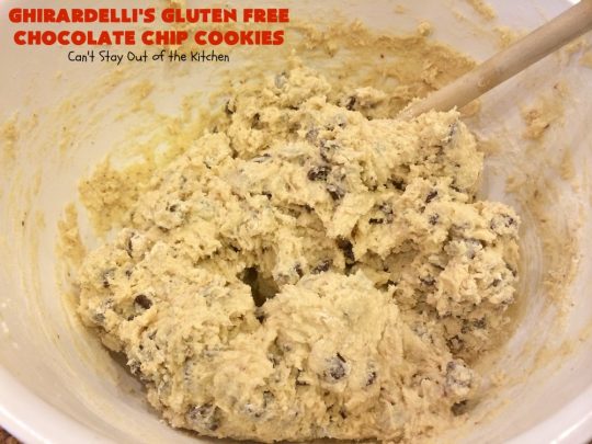 Ghirardelli's Gluten Free Chocolate Chip Cookies | Can't Stay Out of the Kitchen | these fabulous #ChocolateChipCookies are made with #GlutenFree flour & #GhirardellisChocolateChips. Mouthwatering & scrumptious treat for #holiday #baking. #ChristmasCookieExchange #Chocolate #ChocolateChips #GlutenFreeDessert #ChocolateDessert #GhirardellisGlutenFreeChocolateChipCookies #HolidayDessert #Ghirardellis