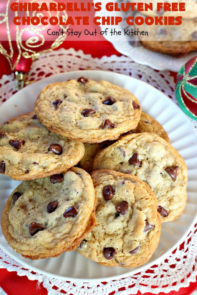 Ghirardelli's Gluten Free Chocolate Chip Cookies | Can't Stay Out of the Kitchen | these fabulous #ChocolateChipCookies are made with #GlutenFree flour & #GhirardellisChocolateChips. Mouthwatering & scrumptious treat for #holiday #baking. #ChristmasCookieExchange #Chocolate #ChocolateChips #GlutenFreeDessert #ChocolateDessert #GhirardellisGlutenFreeChocolateChipCookies #HolidayDessert #Ghirardellis