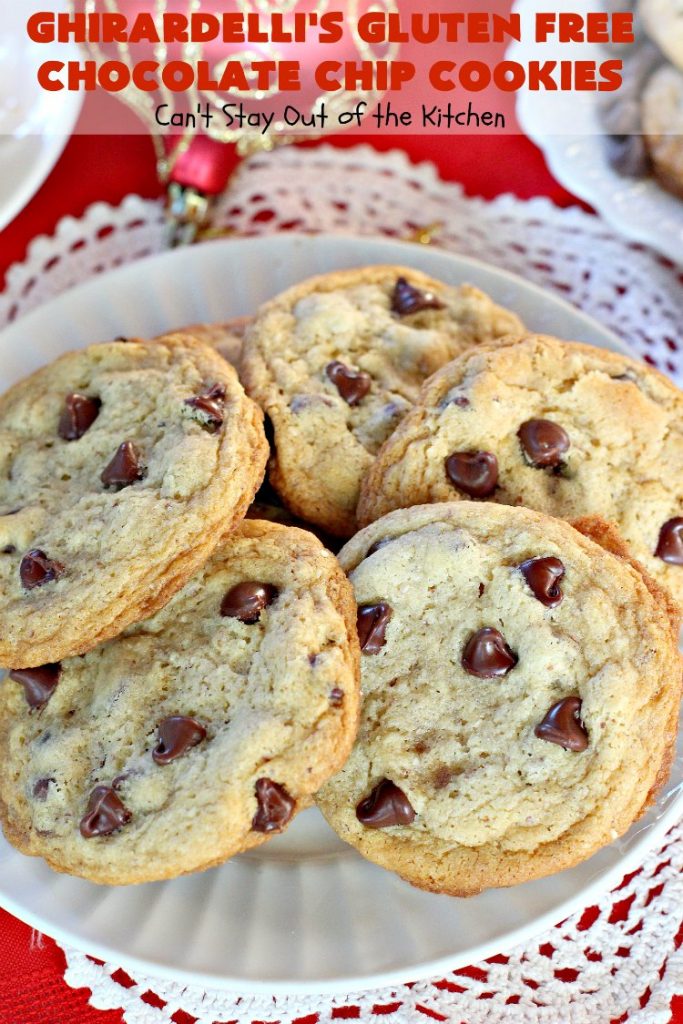 Ghirardelli's Gluten Free Chocolate Chip Cookies | Can't Stay Out of the Kitchen | these fabulous #ChocolateChipCookies are made with #GlutenFree flour & #GhirardellisChocolateChips. Mouthwatering & scrumptious treat for #holiday #baking. #ChristmasCookieExchange #Chocolate #ChocolateChips #GlutenFreeDessert #ChocolateDessert #GhirardellisGlutenFreeChocolateChipCookies #HolidayDessert #Ghirardellis