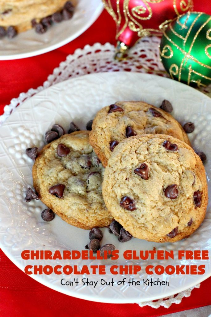 Ghirardelli's Gluten Free Chocolate Chip Cookies | Can't Stay Out of the Kitchen | these fabulous #ChocolateChipCookies are made with #GlutenFree flour & #GhirardellisChocolateChips. Mouthwatering & scrumptious treat for #holiday #baking. #ChristmasCookieExchange #Chocolate #ChocolateChips #GlutenFreeDessert #ChocolateDessert #GhirardellisGlutenFreeChocolateChipCookies #HolidayDessert #Ghirardellis