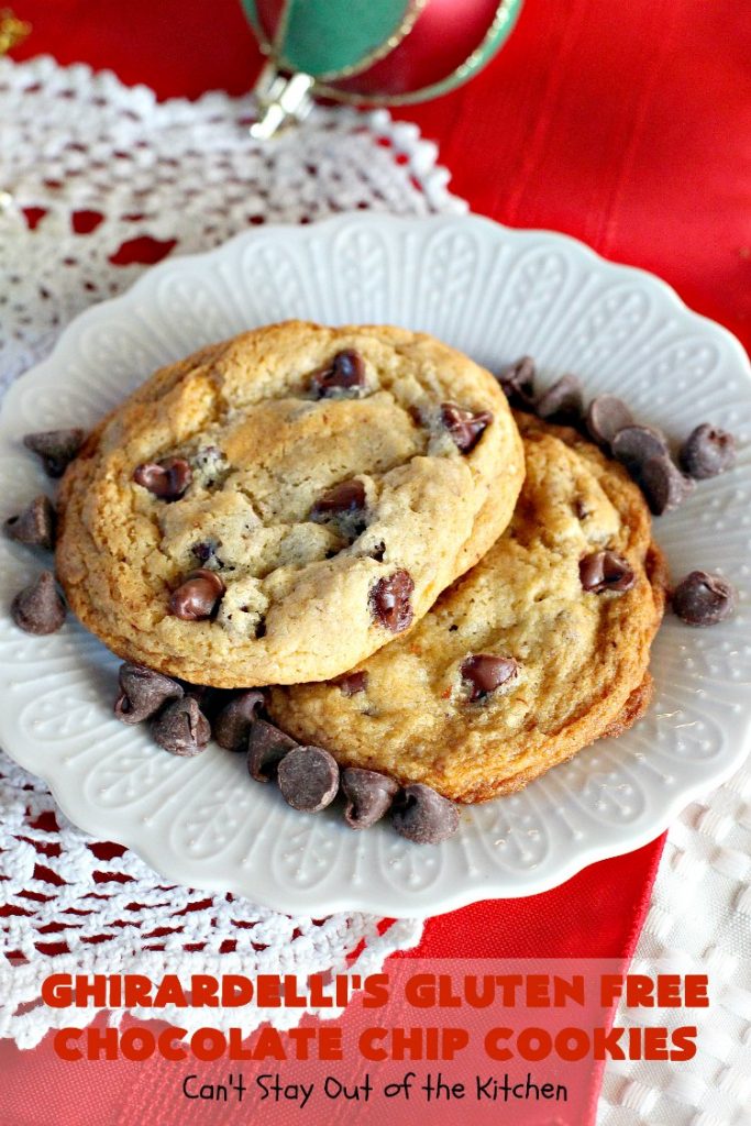 Ghirardelli's Gluten Free Chocolate Chip Cookies | Can't Stay Out of the Kitchen | these fabulous #ChocolateChipCookies are made with #GlutenFree flour & #GhirardellisChocolateChips. Mouthwatering & scrumptious treat for #holiday #baking. #ChristmasCookieExchange #Chocolate #ChocolateChips #GlutenFreeDessert #ChocolateDessert #GhirardellisGlutenFreeChocolateChipCookies #HolidayDessert #Ghirardellis