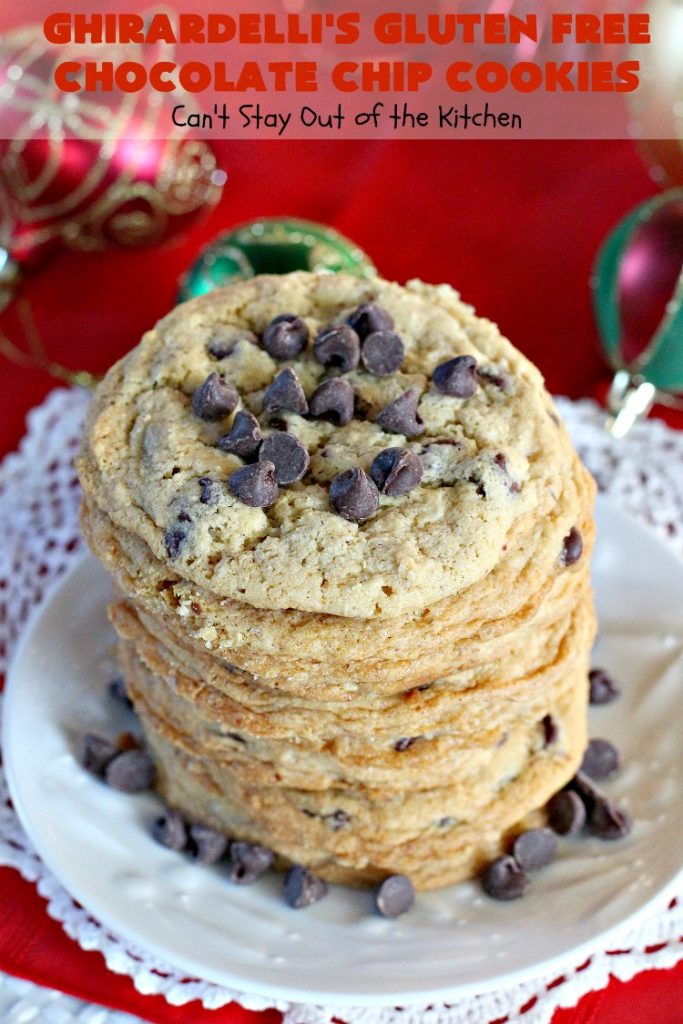Ghirardelli's Gluten Free Chocolate Chip Cookies | Can't Stay Out of the Kitchen | these fabulous #ChocolateChipCookies are made with #GlutenFree flour & #GhirardellisChocolateChips. Mouthwatering & scrumptious treat for #holiday #baking. #ChristmasCookieExchange #Chocolate #ChocolateChips #GlutenFreeDessert #ChocolateDessert #GhirardellisGlutenFreeChocolateChipCookies #HolidayDessert #Ghirardellis