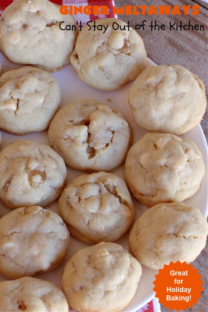 Ginger Meltaways | Can't Stay Out of the Kitchen | these scrumptious melt-in-your-mouth #cookies include #CrystalizedGinger & vanilla chips. They are phenomenal & perfect for a #ChristmasCookieExchange, #holiday #baking or parties or even potluck dinners! #ginger #ChristmasCookie #GingerMeltaways #ParadiseFruitCompany #ParadiseCandiedFruit