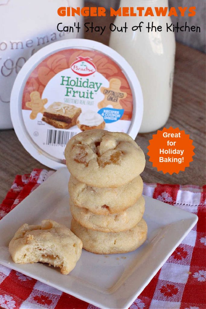 Ginger Meltaways | Can't Stay Out of the Kitchen | these scrumptious melt-in-your-mouth #cookies include #CrystalizedGinger & vanilla chips. They are phenomenal & perfect for a #ChristmasCookieExchange, #holiday #baking or parties or even potluck dinners! #ginger #ChristmasCookie #GingerMeltaways #ParadiseFruitCompany #ParadiseCandiedFruit