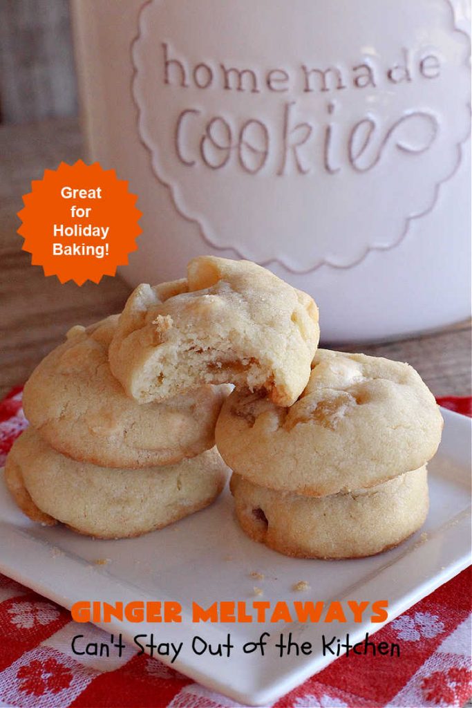 Ginger Meltaways | Can't Stay Out of the Kitchen | these scrumptious melt-in-your-mouth #cookies include #CrystalizedGinger & vanilla chips. They are phenomenal & perfect for a #ChristmasCookieExchange, #holiday #baking or parties or even potluck dinners! #ginger #ChristmasCookie #GingerMeltaways #ParadiseFruitCompany #ParadiseCandiedFruit