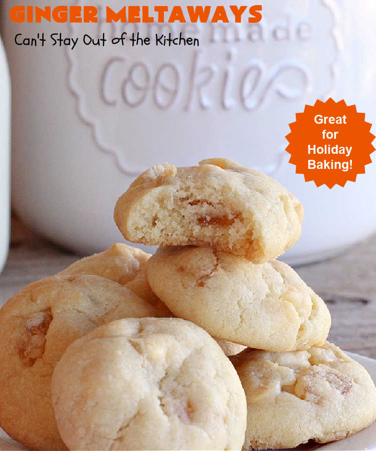 Ginger Meltaways | Can't Stay Out of the Kitchen | these scrumptious melt-in-your-mouth #cookies include #CrystalizedGinger & vanilla chips. They are phenomenal & perfect for a #ChristmasCookieExchange, #holiday #baking or parties or even potluck dinners! #ginger #ChristmasCookie #GingerMeltaways #ParadiseFruitCompany #ParadiseCandiedFruit