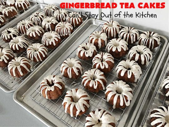 Gingerbread Tea Cakes | Can't Stay Out of the Kitchen | these luscious #TeaCakes are made with a #Gingerbread mix. They include #walnuts & vanilla chips. The icing is canned #CinnamonToastCrunch icing! Every bite is spectacular & will have you swooning! #holiday #baking #Christmas #dessert #cake #GingerbreadTeaCakes