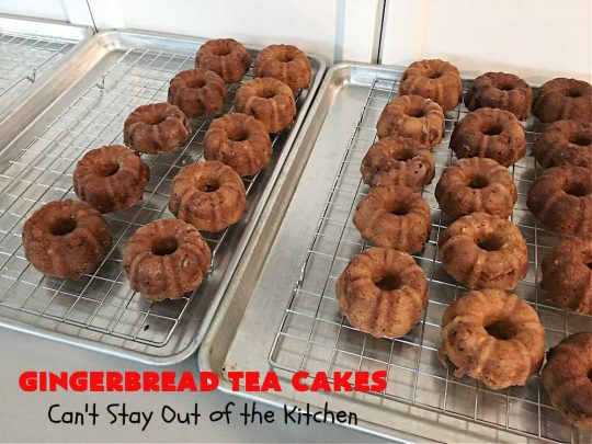 Gingerbread Tea Cakes | Can't Stay Out of the Kitchen | these luscious #TeaCakes are made with a #Gingerbread mix. They include #walnuts & vanilla chips. The icing is canned #CinnamonToastCrunch icing! Every bite is spectacular & will have you swooning! #holiday #baking #Christmas #dessert #cake #GingerbreadTeaCakes