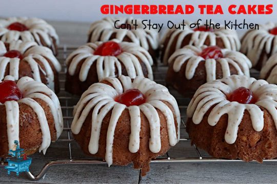 Gingerbread Tea Cakes | Can't Stay Out of the Kitchen | these luscious #TeaCakes are made with a #Gingerbread mix. They include #walnuts & vanilla chips. The icing is canned #CinnamonToastCrunch icing! Every bite is spectacular & will have you swooning! #holiday #baking #Christmas #dessert #cake #GingerbreadTeaCakes