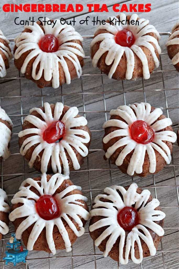 Gingerbread Tea Cakes | Can't Stay Out of the Kitchen | these luscious #TeaCakes are made with a #Gingerbread mix. They include #walnuts & vanilla chips. The icing is canned #CinnamonToastCrunch icing! Every bite is spectacular & will have you swooning! #holiday #baking #Christmas #dessert #cake #GingerbreadTeaCakes