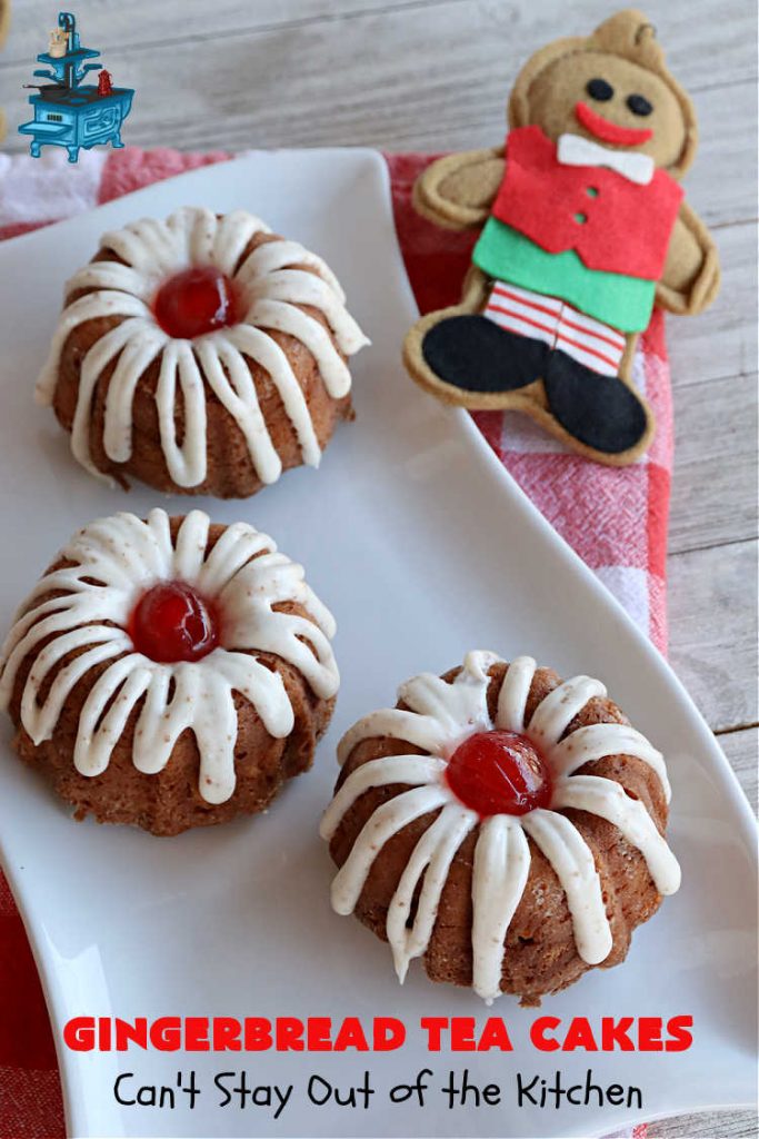 Gingerbread Tea Cakes | Can't Stay Out of the Kitchen | these luscious #TeaCakes are made with a #Gingerbread mix. They include #walnuts & vanilla chips. The icing is canned #CinnamonToastCrunch icing! Every bite is spectacular & will have you swooning! #holiday #baking #Christmas #dessert #cake #GingerbreadTeaCakes