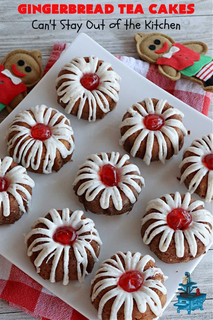 Gingerbread Tea Cakes | Can't Stay Out of the Kitchen | these luscious #TeaCakes are made with a #Gingerbread mix. They include #walnuts & vanilla chips. The icing is canned #CinnamonToastCrunch icing! Every bite is spectacular & will have you swooning! #holiday #baking #Christmas #dessert #cake #GingerbreadTeaCakes