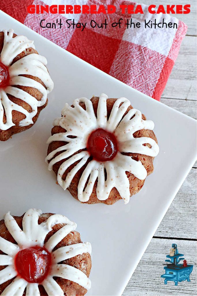 Gingerbread Tea Cakes | Can't Stay Out of the Kitchen | these luscious #TeaCakes are made with a #Gingerbread mix. They include #walnuts & vanilla chips. The icing is canned #CinnamonToastCrunch icing! Every bite is spectacular & will have you swooning! #holiday #baking #Christmas #dessert #cake #GingerbreadTeaCakes