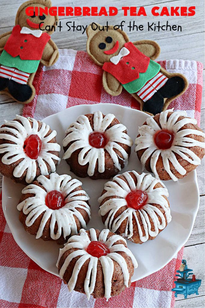 Gingerbread Tea Cakes | Can't Stay Out of the Kitchen | these luscious #TeaCakes are made with a #Gingerbread mix. They include #walnuts & vanilla chips. The icing is canned #CinnamonToastCrunch icing! Every bite is spectacular & will have you swooning! #holiday #baking #Christmas #dessert #cake #GingerbreadTeaCakes