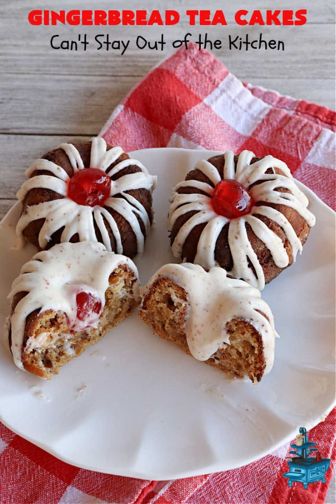 Gingerbread Tea Cakes | Can't Stay Out of the Kitchen | these luscious #TeaCakes are made with a #Gingerbread mix. They include #walnuts & vanilla chips. The icing is canned #CinnamonToastCrunch icing! Every bite is spectacular & will have you swooning! #holiday #baking #Christmas #dessert #cake #GingerbreadTeaCakes