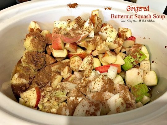 Gingered Butternut Squash Soup | Can't Stay Out of the Kitchen | this fantastic #soup will remind you of #PaneraBread's Autumn Squash Chowder! Uses #apples, #pears, fresh #ginger & cinnamon. #glutenfree #vegan