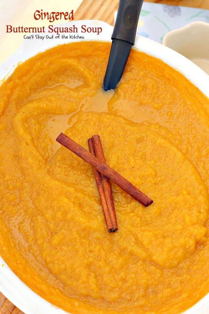 Gingered Butternut Squash Soup | Can't Stay Out of the Kitchen | this fantastic #soup will remind you of #PaneraBread's Autumn Squash Chowder! Uses #apples, #pears, fresh #ginger & cinnamon. #glutenfree #vegan