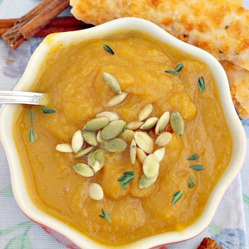 Gingered Butternut Squash Soup | Can't Stay Out of the Kitchen | this fantastic #soup will remind you of #PaneraBread's Autumn Squash Chowder! Uses #apples, #pears, fresh #ginger & cinnamon. #glutenfree #vegan