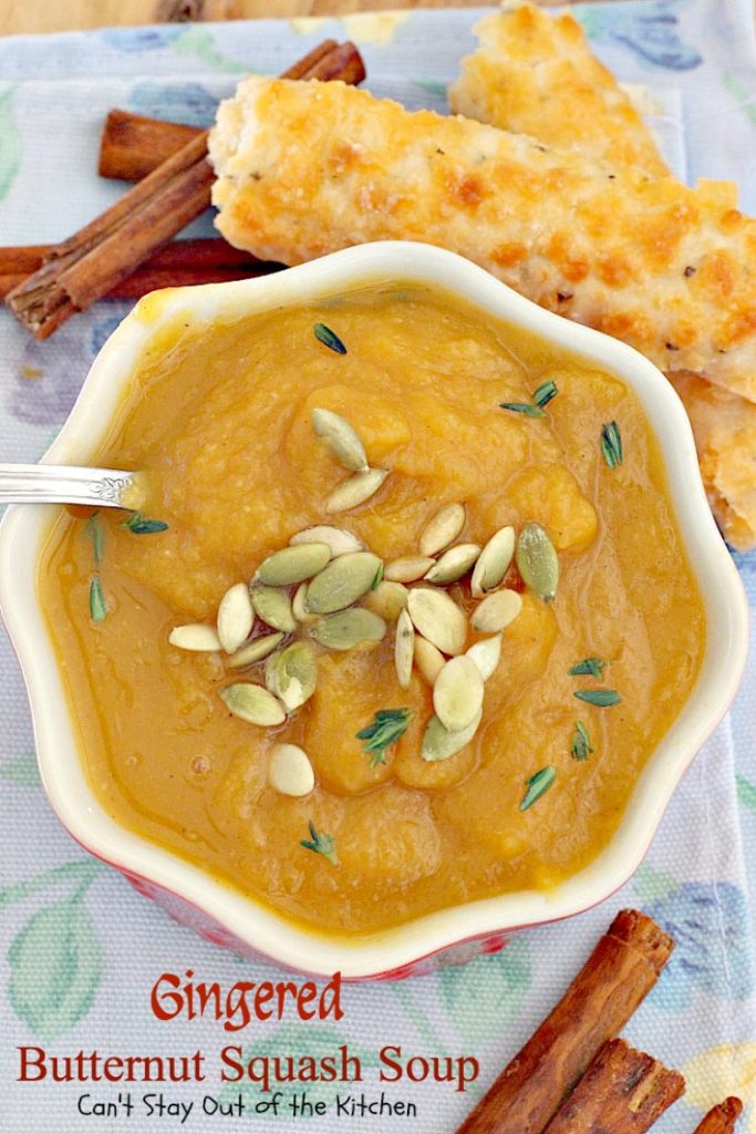 Gingered Butternut Squash Soup | Can't Stay Out of the Kitchen | this fantastic #soup will remind you of #PaneraBread's Autumn Squash Chowder! Uses #apples, #pears, fresh #ginger & cinnamon. #glutenfree #vegan