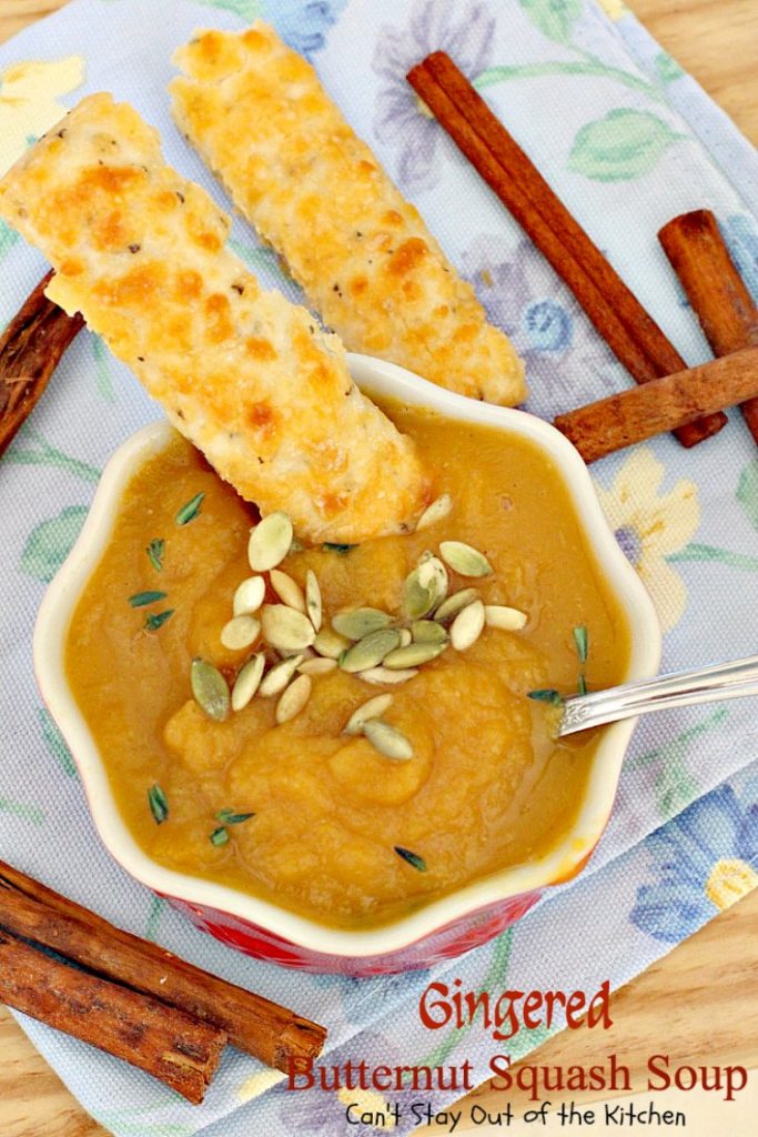 Gingered Butternut Squash Soup | Can't Stay Out of the Kitchen | this fantastic #soup will remind you of #PaneraBread's Autumn Squash Chowder! Uses #apples, #pears, fresh #ginger & cinnamon. #glutenfree #vegan