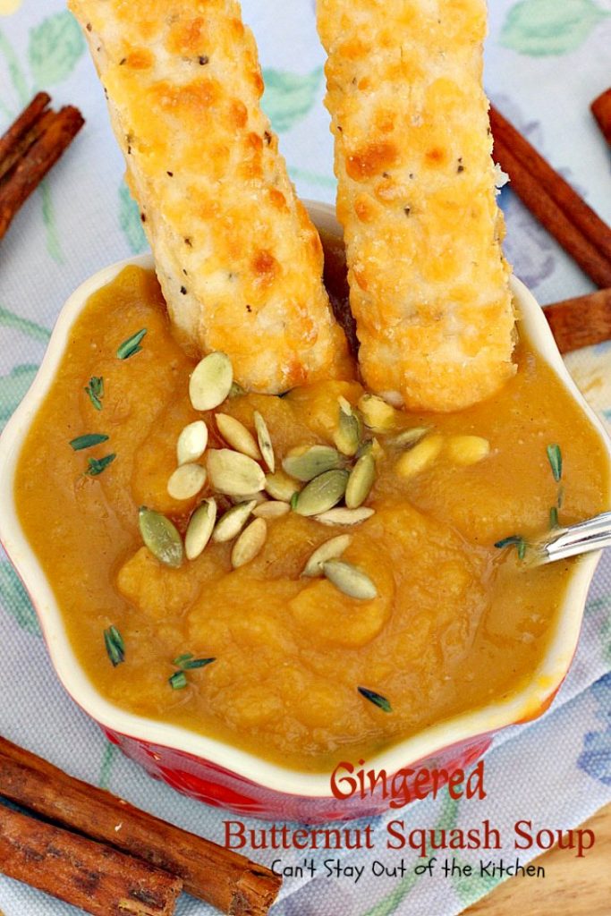 Gingered Butternut Squash Soup | Can't Stay Out of the Kitchen | this fantastic #soup will remind you of #PaneraBread's Autumn Squash Chowder! Uses #apples, #pears, fresh #ginger & cinnamon. #glutenfree #vegan