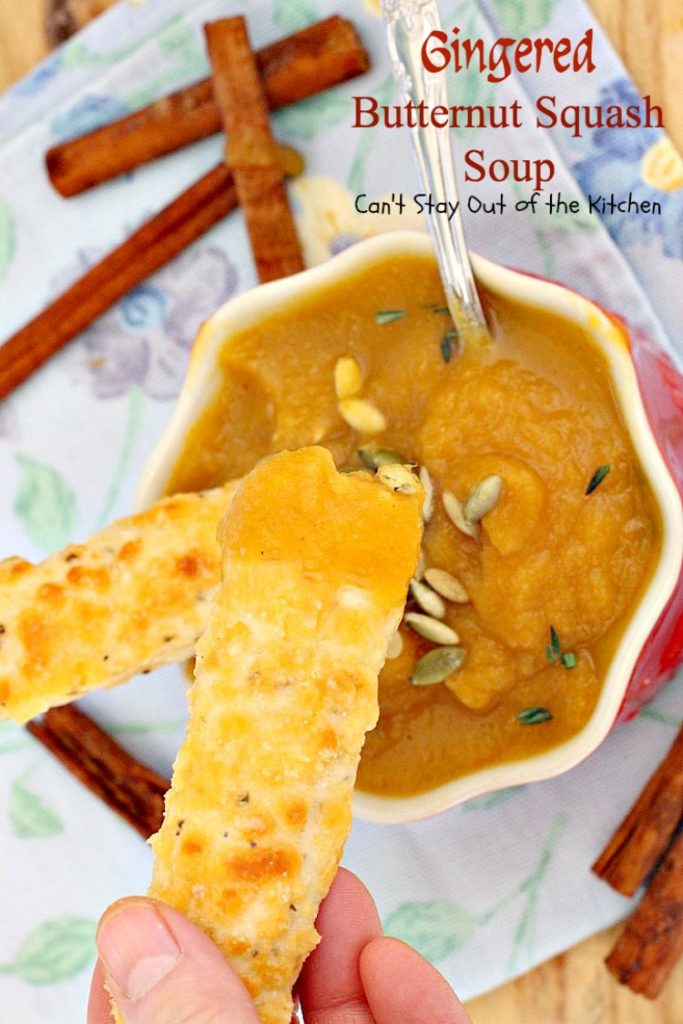 Gingered Butternut Squash Soup | Can't Stay Out of the Kitchen | this fantastic #soup will remind you of #PaneraBread's Autumn Squash Chowder! Uses #apples, #pears, fresh #ginger & cinnamon. #glutenfree #vegan