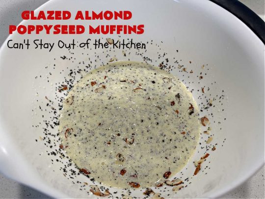 Glazed Almond Poppyseed Muffins | Can't Stay Out of the Kitchen | these fantastic #muffins just pop with #almond flavor. They're delightful to serve for a family, company or #holiday #breakfast. Every bite will have you swooning. #poppyseeds #GlazedAlmondPoppyseedMuffins