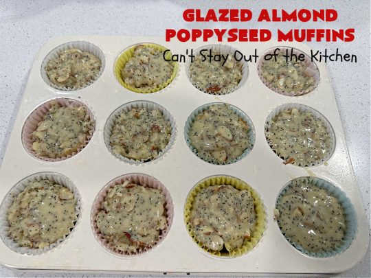 Glazed Almond Poppyseed Muffins | Can't Stay Out of the Kitchen | these fantastic #muffins just pop with #almond flavor. They're delightful to serve for a family, company or #holiday #breakfast. Every bite will have you swooning. #poppyseeds #GlazedAlmondPoppyseedMuffins