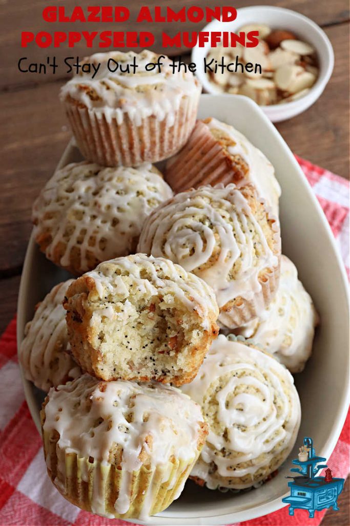 Glazed Almond Poppyseed Muffins | Can't Stay Out of the Kitchen | these fantastic #muffins just pop with #almond flavor. They're delightful to serve for a family, company or #holiday #breakfast. Every bite will have you swooning. #poppyseeds #GlazedAlmondPoppyseedMuffins