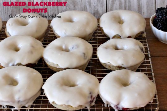 Glazed Blackberry Donuts | Can't Stay Out of the Kitchen | these #donuts are absolutely heavenly. They're filled with #blackberries & glazed with a luscious vanilla glaze. Perfect for a #holiday, company or weekend #breakfast. #HolidayBreakfast #BlackberryDonuts #BakedDonuts
