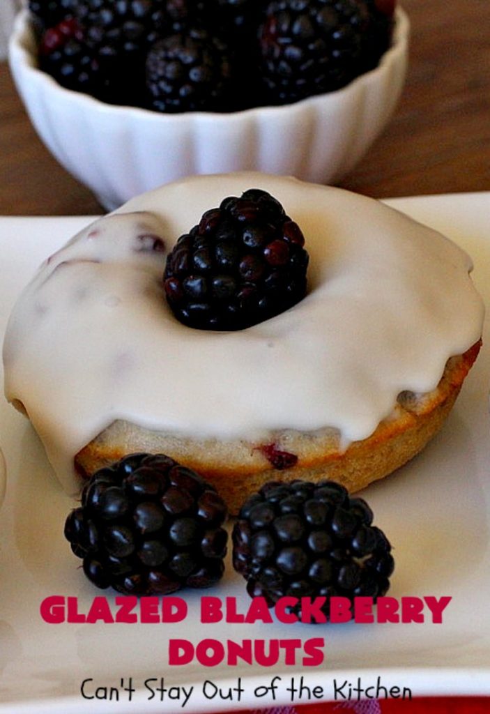 Glazed Blackberry Donuts | Can't Stay Out of the Kitchen | these #donuts are absolutely heavenly. They're filled with #blackberries & glazed with a luscious vanilla glaze. Perfect for a #holiday, company or weekend #breakfast. #HolidayBreakfast #BlackberryDonuts #BakedDonuts