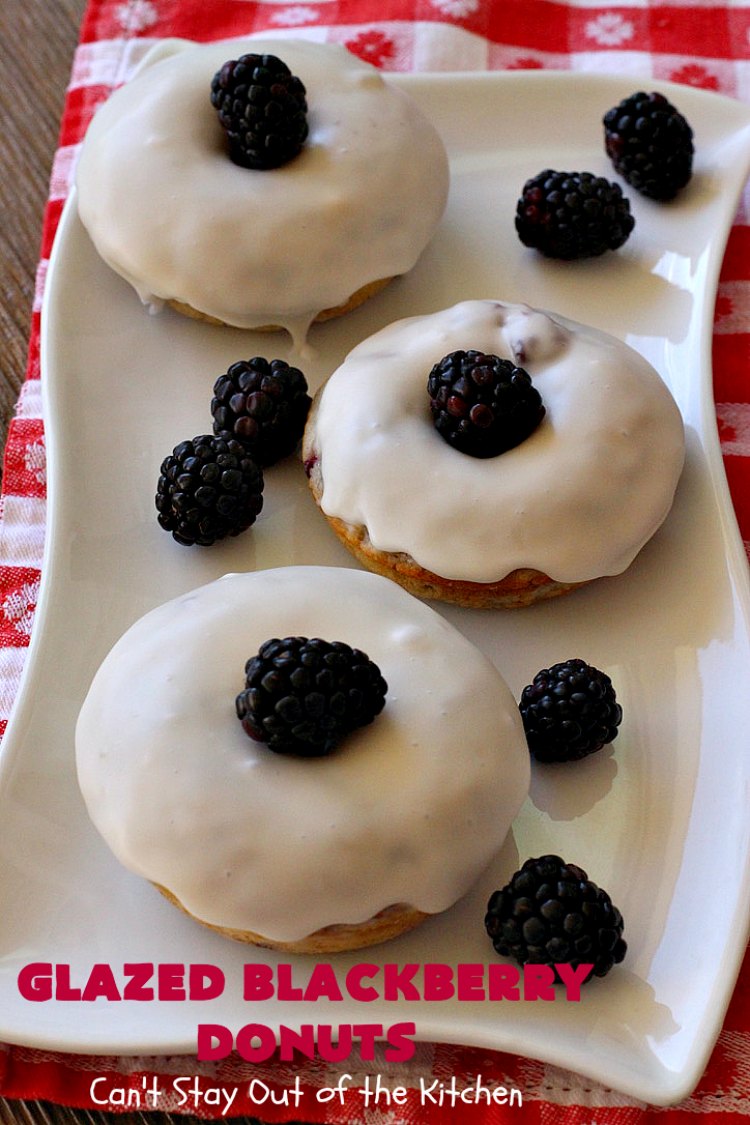Glazed Blackberry Donuts | Can't Stay Out of the Kitchen | these #donuts are absolutely heavenly. They're filled with #blackberries & glazed with a luscious vanilla glaze. Perfect for a #holiday, company or weekend #breakfast. #HolidayBreakfast #BlackberryDonuts #BakedDonuts