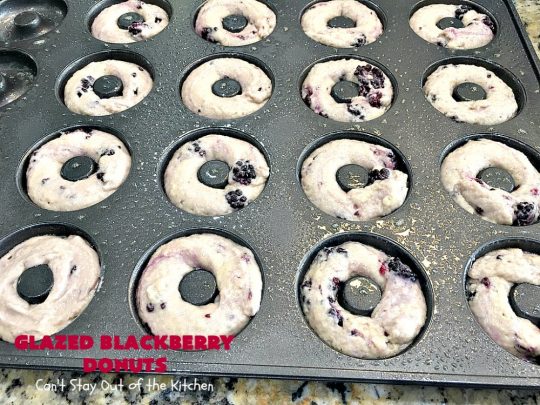 Glazed Blackberry Donuts | Can't Stay Out of the Kitchen | these #donuts are absolutely heavenly. They're filled with #blackberries & glazed with a luscious vanilla glaze. Perfect for a #holiday, company or weekend #breakfast. #HolidayBreakfast #BlackberryDonuts #BakedDonuts