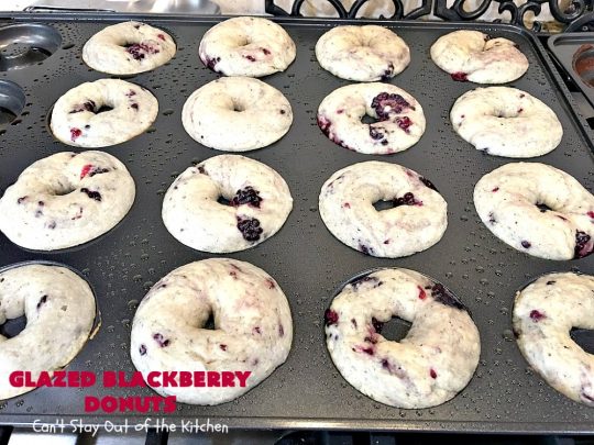 Glazed Blackberry Donuts | Can't Stay Out of the Kitchen | these #donuts are absolutely heavenly. They're filled with #blackberries & glazed with a luscious vanilla glaze. Perfect for a #holiday, company or weekend #breakfast. #HolidayBreakfast #BlackberryDonuts #BakedDonuts