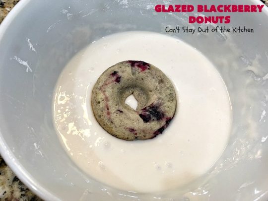 Glazed Blackberry Donuts | Can't Stay Out of the Kitchen | these #donuts are absolutely heavenly. They're filled with #blackberries & glazed with a luscious vanilla glaze. Perfect for a #holiday, company or weekend #breakfast. #HolidayBreakfast #BlackberryDonuts #BakedDonuts