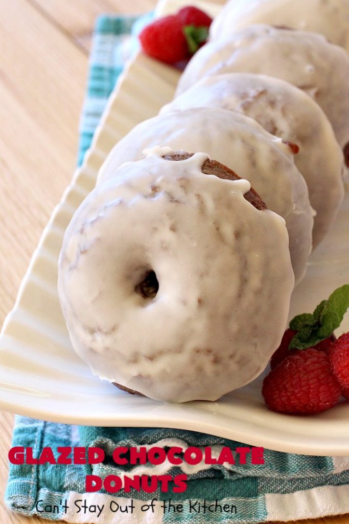 Glazed Chocolate Donuts | Can't Stay Out of the Kitchen | these mouthwatering #donuts are the ultimate in comfort food! They're glazed with a vanilla icing and so delicious you won't be able to stay out of them! #Chocolate #ChocolateDonuts #Breakfast #Holiday #HolidayBreakfast #Brunch #GlazedChocolateDonuts